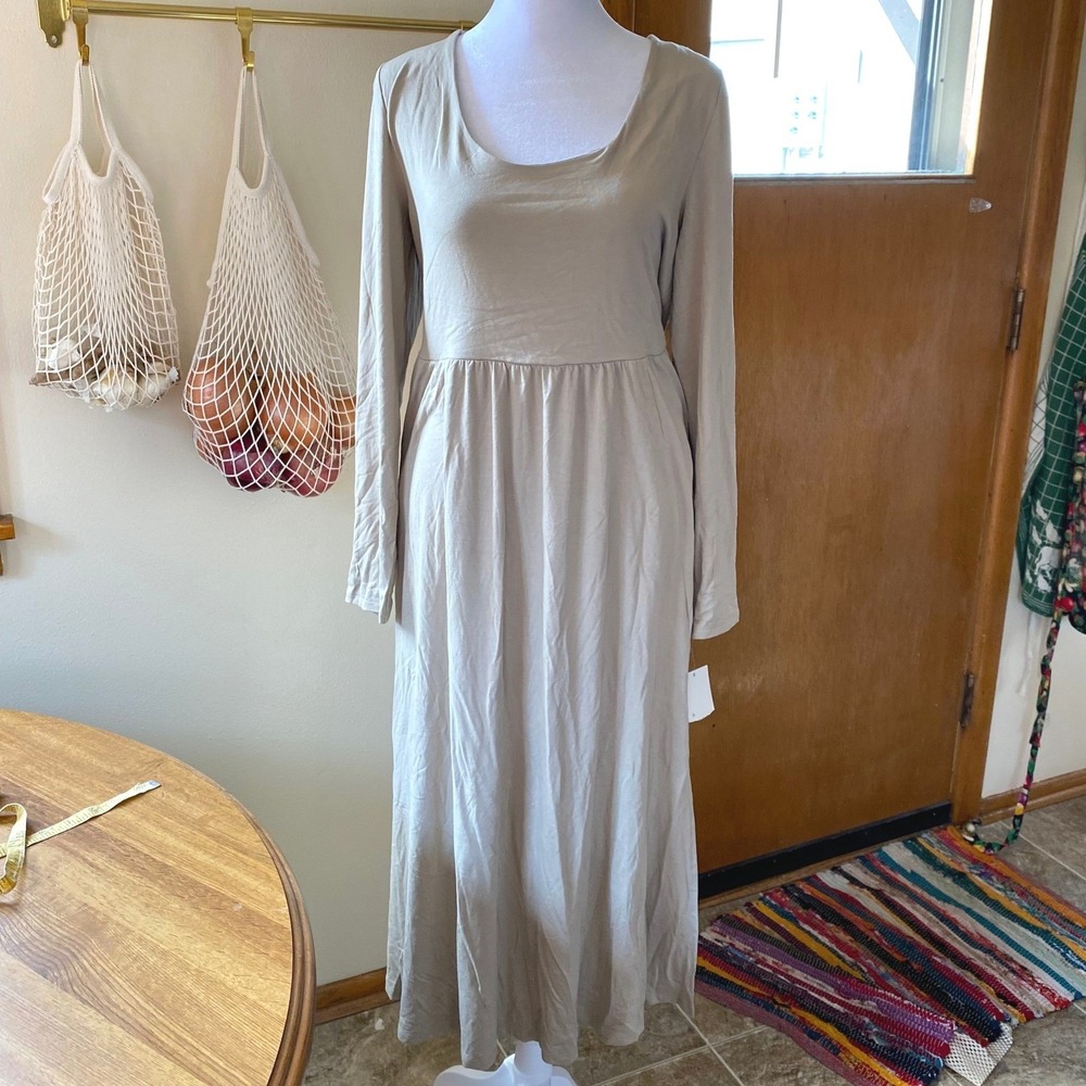 Long Sleeve Tan Maxi Dress Large Cottagecore Modest Femme Prairie Pleated Work